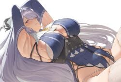 1girl absurdres armpits blue_dress breasts chco commentary_request dress from_side grey_hair highres large_breasts long_hair looking_at_viewer lying mole mole_under_eye on_back panties purple_eyes sideboob simple_background solo thighhighs thighs underwear velina_airgid very_long_hair white_background white_panties white_thighhighs zenless_zone_zero