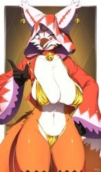 1girls anthro bell bell_collar big_breasts bikini bikini_bottom bikini_top black_body black_fur breast_squeeze breasts bulging_breasts canid canine chest_tuft clothing clothing_pull collar darakafox eye_mask fangs female female_anthro female_only fluffy fluffy_tail fox fur furry gold_bikini golden_week hi_res hood huge_breasts kemono large_sleeves mammal mask natural_breasts open_mouth orange_body orange_fur sagging_breasts solo squeezing swimwear tail teeth thick_thighs tuft two-piece_swimsuit white_body white_fur