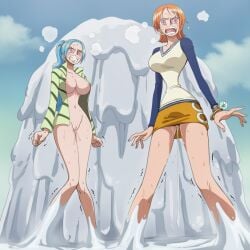accurate_art_style ai_generated angry_face big_breasts blue_hair clothing mr._three nami_(one_piece) nefertari_vivi nipples one_piece orange_hair pussy pussy_juice pussy_juice_drip skirt stuck wax