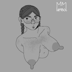 1girls belly_button big_breasts big_nipples big_teeth boobs braid braided_hair braided_twintails breasts freckles freckles_on_breasts freckles_on_face freckles_on_shoulders glasses grey_background greyscale mambo_master naked naked_female nerd nerdy_female piercing_hole simple_background simple_coloring simple_shading thick_eyebrows