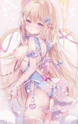 1girl ame_usari animal_ears bandage bandaged_arm bandaid bandaid_on_arm bikini blonde_hair blush breasts breasts_out clothed frills hair_ornament hair_ribbon hairband highleg highres large_breasts leotard long_hair multicolored_hair nipples original sideboob straight_hair thigh_strap thighhighs tied_hair wet wet_breasts