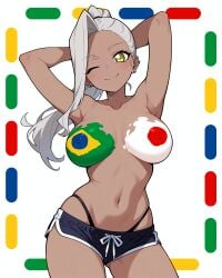 100_kanojo ai_assisted ai_generated arms_behind_head brazilian_flag dark-skinned_female dark_skin japan_flag kaho_eira microshorts navel nipples nude one_eye_closed painted_breasts smile stable_diffusion stabletomboy thighs thong topless