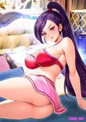 1girls 2024 artist_name ass big_breasts bra breasts dragon_quest dragon_quest_xi female female_only jade_(dq11) lace lace-trimmed_bra lace_trim lingerie lips on_side oyaman ponytail purple_eyes purple_hair red_bra skirt solo solo_female thighs tied_hair topwear