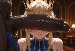 1boy 1girl ai_generated artoria_pendragon artoria_pendragon_(fate) artoria_pendragon_(lancer)_(fate) bangs bare_shoulders blonde_hair blue_gloves blue_leotard blurry_background blush braid breasts caressing_testicles closed_mouth clothing colored_skin covered_eyes crown dark-skinned_male dark_penis dark_skin erection facing_viewer fate/grand_order fate_(series) female french_braid gloves hair_bun hetero huge_penis huge_testicles indoors interracial lamp large_breasts large_penis lipgloss lips long_hair looking_at_penis male male_pubic_hair nude penis penis_awe penis_on_face penis_over_eyes precum pubic_hair sidelocks sleeveless sleeveless_turtleneck smile solo_focus sweat testicles turtleneck vantawaifu veins veiny_penis