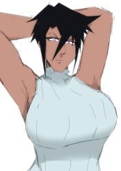 1girls armpits big_breasts black_hair blushing dark-skinned_female defal_hady_(artist) embarrassed hands_behind_head illia looking_at_viewer messy_hair oc original original_character purple_eyes short_hair simple_background sweater turtleneck turtleneck_sweater