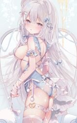 1girl ame_usari animal_ears bandage bandaged_arm bandaid bandaid_on_arm bikini bikini_top blush breasts clothed frills gray_hair hair_ornament hair_ribbon hairband highleg highres large_breasts leotard long_hair multicolored_hair original sideboob straight_hair thigh_strap thighhighs tied_hair