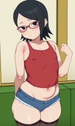 1girls ai_generated black_eyes black_hair boruto:_naruto_next_generations denim denim_shorts glasses light-skinned_female light_skin looking_at_viewer sarada_uchiha schoolgirl shao145 small_breasts solo solo_female stockings tank_top teenage_girl teenager