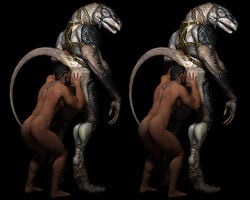 3d anal anthro armor ass black_background blue_eyes clothed clothing color cross_stereogram duo hair hand_on_ass human looking_back male mammal nude oral partially_clothed raised_tail rimming scalie sharp_teeth simple_background standing stereogram tattoo teeth unknown_artist yaoi