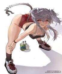 1girls artist_name ass bedroom_eyes bent_over black_topwear blush booba_(meme) breasts bubble_ass bubble_butt cleavage covered_erect_nipples covered_nipples curvy curvy_body curvy_female demon demon_girl demon_horns demon_tail female female_only gym_clothes heart-shaped_pupils highres horns indie_virtual_youtuber leaning_forward long_hair lucy_pyre nipples_visible_through_clothing pepe_the_frog red_eyes red_shorts seductive seductive_look shoes shorts simple_background skindentation smile sneakers solo solo_female solo_focus sports_bra symbol-shaped_pupils tail tank_top thick_thighs twintails virtual_youtuber voluptuous voluptuous_body voluptuous_female wersman white_hair
