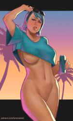 ace_attorney blue_hair boobs breasts drink earrings franziska_von_karma funeralwind grand_theft_auto_vi gta_vi_cover_girl gyakuten_saiban hourglass_figure hourglass_figured_female no_bra no_panties pussy shirt_only solo solo_female solo_focus sunglasses sunglasses_on_forehead sunglasses_on_head vagina woman woman_focus woman_only woman_solo