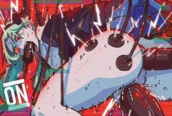 1girl ahegao blue_skin bottomless colored_sclera colored_skin commentary cyberpunk:_edgerunners cyberpunk_(series) dildo double_insertion english_commentary english_text flat_chest fucked_silly green_hair mark_gavatino mouth_insertion object_insertion rebecca_(cyberpunk) red_sclera restrained sex_toy solo spread_legs sweat triple_penetration twintails vaginal vaginal_object_insertion