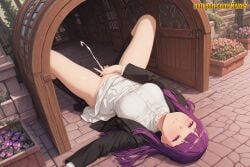 1girl ai_generated black_footwear black_jacket blunt_bangs blush boots bottomless breasts clothes_lift cum day dress dress_lift ejaculation female_masturbation fern_(sousou_no_frieren) fingering flower frieren_beyond_journey's_end frilled_collar jacket knee_boots kneehighs large_breasts long_hair long_sleeves lying masturbation nivora no_panties on_back open_clothes open_jacket outdoors parted_lips ponytail potted_plant projectile_cum public_indecency purple_eyes purple_flower purple_hair socks solo spread_legs straight_hair uncensored white_dress