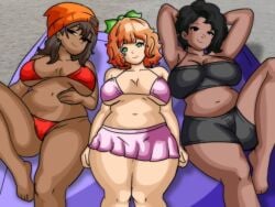3girls beach beach_towel beanie beanie_hat belly belly_button bikini black_bikini black_eyes breasts brown_hair brown_skin brown_skinned_female chetoh clothed clothed_female female female_focus female_only green_eyes hands_behind_head humanized looking_at_viewer lying_down lying_on_back mandy_(chetoh) mini_skirt oc orange_beanie orange_bikini orange_hair orange_hair_female original original_character original_characters photo_background pink_bikini pink_bikini_top pink_skirt raised_arms smiling smiling_at_viewer tanned_female tanned_skin