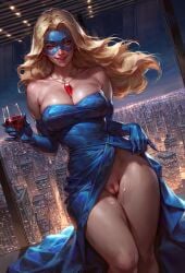 1girls ai_generated alcohol bare_shoulders blonde_blazer blonde_hair blue_dress blue_eyes blue_gloves breasts building city city_lights cityscape cleavage clothes_lift collarbone covered_nipples cup dispatch_(game) domino_mask dress dress_lift drinking_glass dutch_angle elbow_gloves gloves holding holding_cup indoors jewelry large_breasts lifted_by_self lips long_hair looking_at_viewer mask necklace night no_panties parted_lips pendant philon pussy pussy_juice smile solo stable_diffusion strapless strapless_dress thighs window wine wine_glass