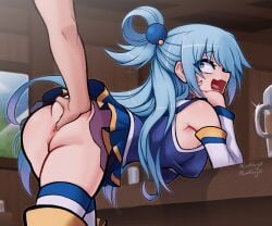anus aqua_(konosuba) ass ass_focus ass_grab asshole bent_over big_ass big_butt blue_eyes blue_hair bottomless bottomless_skirt detached_sleeves female going_commando kono_subarashii_sekai_ni_shukufuku_wo! long_hair looking_back lordguyis microskirt miniskirt nipple_bulge no_bra no_panties no_panties_under_skirt thick_thighs thighhighs thighs upskirt white_pupils