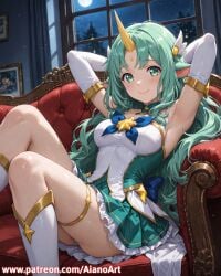1girl ai_generated aianoart animal_ears armpits arms_up breasts elbow_gloves gloves green_eyes green_hair horns indoors league_of_legends long_hair looking_at_viewer medium_breasts moon night panties single_horn sitting skirt smile solo soraka star_guardian_(league_of_legends) star_guardian_series star_guardian_soraka thighs underwear white_panties window