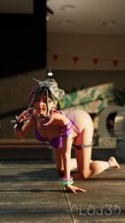 1girls 3d all_fours artist_request fortnite green_eyes helsie_(fortnite) light-skinned_female semi_nude solo solo_female suggestive_pose summer