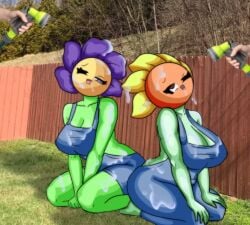 2girls ahe_gao ahegao_face breasts brown_eyes chetoh cleavage clothed clothed_female female female_focus female_only flower flower_head green_body hands_on_thighs mouth_open oc original original_character original_characters outside overalls overalls_only petals photo_background plant plant_girl poppy_(chetoh) purple_eyes sitting tongue tongue_out water water_on_body watering wet_body