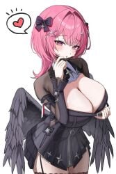black_bow black_dress black_wings bow breasts cleavage cowboy_shot dress hair_bow hair_intakes heart highres large_breasts looking_at_viewer mask medium_hair mouth_mask pink_hair pointy_ears purple_eyes remielle_dan simple_background solo thighhighs white_background wings zenless_zone_zero