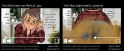 big_ass big_breasts brown_eyes brown_hair cleavage embarrassed embarrassed_female english_text fart fart_cloud fart_fetish farting farting_at_viewer huge_ass jeans large_ass milf stepmother video_recording