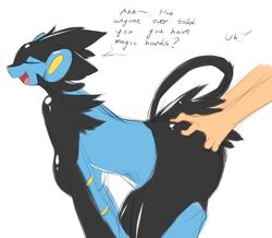 anthro ass ass_grab averyshadydolphin big_ass black_fur blue_fur breasts closed_eyes dialogue disembodied_hand duo english_text faceless_male female fur hand_on_ass human interspecies large_breasts luxray male mammal multicolored_fur nintendo open_mouth pokemon pokemon_(species) pokemorph pokephilia smile solo_focus text two_tone_fur