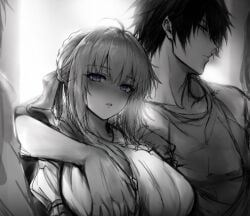anos_voldigoad artoria_pendragon blue_eyes demon fate/grand_order fate/stay_night fate_(series) hair_ribbon hand_on_breast maou_gakuin_no_futekigousha red_eyes