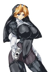 blonde_hair blue_eyes breasts female foreshortening gloves gun huge_breasts leotard nun original pantyhose pistol simple_background skin_tight smash_daisaku solo thighhighs veil weapon