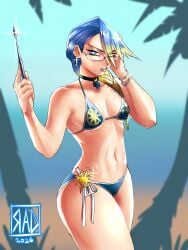blue_bikini blue_hair glasses gtav_cover_girl ichi_the_witch rebelafterdark