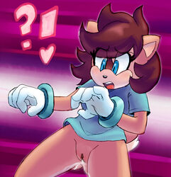 ?! abstract_background anthro blue_eyes blush bottomless brown_hair bump_the_deer cervine clothing deer extraspecialzone eyelashes fan_character female fur furry gloves hair heart mammal open_mouth original_character pussy pussy_juice solo sonic_(series) tan_fur