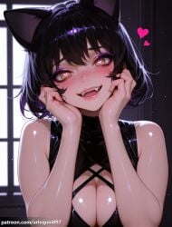 1girl ai_generated animal_ears arlequin097 bare_arms bare_shoulders black_hair blake_belladonna blush breasts cat_ears cat_girl cleavage clothing_cutout eyeshadow fangs hands_on_own_cheeks hands_on_own_face heart heart-shaped_pupils large_breasts looking_at_viewer makeup open_mouth rwby shiny_skin short_hair sleeveless smile solo symbol-shaped_pupils upper_body yellow_eyes