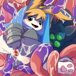 1boy anthro anus armor backsack ball_blush balls bottomless consensual_tentacles cornelius cum cum_drip cum_string dripping gaping gaping_anus hood lagomorph lifted looking_at_viewer looking_back male male_only mammal manmosu_marimo messy odin_sphere open_mouth pawpads penis_tentacles perineum presenting presenting_anus rabbit rear_view restrained smile solo spread_anus spreading tentacle tentacle_monster world_of_tentacles