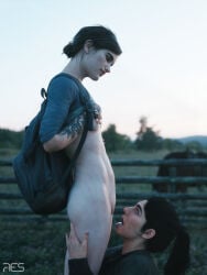 2girls backpack bottomless breasts_out cunnilingus dark_hair dina_(the_last_of_us) ellie_(the_last_of_us) ellie_williams eye_contact fence freckles lesbian lesbian_couple light-skinned_female light_skin nature outdoors pussy_juice pussy_juice_string res_(artist) small_breasts t-shirt tattoo teenage_girl teenager the_last_of_us the_last_of_us_2 witcherres