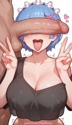 1girl 2026 ai_generated artist_name blue_hair boobs breasts bust chest clothed_female_nude_male cock covered_nipples dick double_v heart hetero hi_res high_quality highres patreon patreon_username penis penis_on_face pinkname re:zero_kara_hajimeru_isekai_seikatsu rem_(re:zero) short_hair testicles tits tongue tongue_out trembling v w watermark