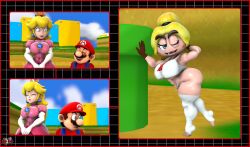1boy 2girls 3d 3d_(artwork) big_breasts big_thighs blonde_hair blue_eyes breasts brooch brown_gloves brown_hair comic crop_top crown curvy curvy_female dress elbow_gloves female gloves goombella grey-yordle grey_eyes kabalmystic_(style) lips lipstick long_hair male mario mario_(series) nintendo outdoors part_1 pink_dress pink_lipstick ponytail princess_peach stockings thick thick_hips thick_thighs thighs thong white_elbow_gloves white_gloves