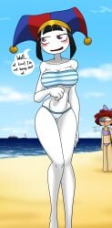 beach black_hair blush hair_ornament heavy_breathing jester_hat large_breasts lesbian multicolored_eyes nose_bleed ocean panting pomni_(beach_outfit) pomni_(the_amazing_digital_circus) ragatha_(beach_outfit) ragatha_(the_amazing_digital_circus) red_hair sandwich-anomaly ship staring swimsuit taller_female the_amazing_digital_circus thick_thighs tight_clothing two_piece_swimsuit white_body yuri