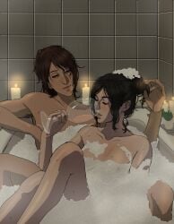 2girls areola areolae athletic_female attack_on_titan bathing bathroom bathtub breasts bubble_bath completely_naked completely_naked_female completely_nude completely_nude_female female female/female female_only female_soldier fit_female hange_zoe hanji_zoe naked naked_female nude nude_female pieck_finger shingeki_no_kyojin soldier tagme valmendy yuri