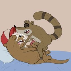 2boys anthro balls cartoon_network closed_eyes doug_(regular_show) duo frottage humanoid_penis jerseydevil male male_only mammal mustelid otter penis raccoon regular_show rigby rigby_(regular_show) sex yaoi