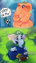 1boy 1girls anthro anthro_on_anthro anthro_on_human arms_crossed big_breasts blue_eyes blue_overalls brown_hair clothing crown dialogue elephant elephant_daisy elephant_luigi eyelashes fat fat_female fat_male female furry furry_female furry_male gloves grass green_hat green_shirt grey_skin hat huge_breasts human human_female human_on_anthro interspecies larger_female larger_male looking_at_another luigi lying_on_back male male/female mammal mario_(series) mature mature_female mature_male mawile123 nintendo nude nude_female open_mouth orange_skin overalls overweight overweight_female overweight_male princess princess_daisy royalty shirt size_difference smaller_female smaller_male super_mario_bros._wonder tail trunk white_gloves