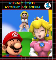 1boy 2girls 3d 3d_(artwork) big_breasts big_thighs blonde_hair breasts brooch brown_gloves brown_hair cap comic cover crop_top cropped crown curvy curvy_female earrings elbow_gloves female female_pubic_hair gloves goombella grey-yordle grey_eyes half-closed_eyes hat human humanoid kabalmystic_(style) lips lipstick long_hair male mario mario_(series) mustache nintendo outdoors pink_lipstick princess_peach pubic_hair stockings thick thick_hips thick_thighs thighs thong white_elbow_gloves white_gloves