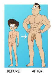 2boys age_difference arrow_(symbol) balls banana_desu before_and_after brown_hair human lance_loud long_nose looking_at_viewer muscular muscular_male naked naked_male penis size_difference smile standing the_loud_house