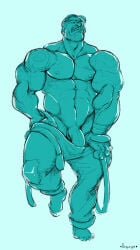 1boy bara deadlock lash_(deadlock) male_focus male_only muscular muscular_male pants_pull pants_pulled_by_self pants_pulled_down pants_pulling solo solo_focus solo_male tagme_(artist) unerect