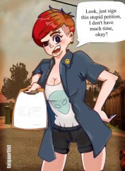 big_breasts english_text petition postal_(series) pov red_hair shorts speech_bubble