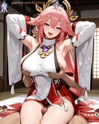 1girl 1girls adult adult_female ai_generated animal_ears arms_behind_head arms_up bare_shoulders big_breasts big_thighs boobs breasts bust busty busty_female busty_girl cock detached_sleeves dick earrings eye_contact female fox fox_ears fox_girl genshin_impact girl girl_on_top grabbing grabbing_another's_breast hair_between_eyes hair_ornament hands_behind_head hetero japanese japanese_clothes kemonomimi kneeling kneeling_female large_breasts long_sleeves looking_at_viewer machine_muse mature mature_body mature_female mihoyo miko mouth_open naughty naughty_face naughty_smile on_knees open_mouth penis priest priestess reverse_cowgirl_position seductive_smile sex sex_from_behind sexy sexy_body sleeves smile solo_focus thigh_sex thighjob thighs tits tongue tongue_out tongue_visible uncensored watermark yae_miko