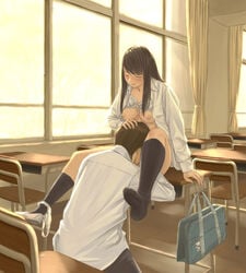 1boy bag black_hair black_legwear blush bra bra_lift breasts brown_hair classroom closed_eyes cunnilingus desk dress_shirt female hand_on_another's_head helpig highres kneehighs long_hair nipples on_desk open_clothes open_shirt oral original panties panties_around_one_leg school_bag school_uniform shirt short_hair single_shoe sitting underwear white_bra white_panties