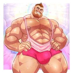 abs artist_name bara bara_body beard big_abs big_bulge big_muscles big_nipples big_pecs big_thighs brown_beard brown_eyebrows bulge bulging_penis clouds detailed_background ears eyebrows fingernails glistening_body hairy_arms hairy_chest hairy_pecs human light_skin light_skin_male light_skinned_male male muscular muscular_male muscular_thighs nails navel nose pecs pink_tank_top pink_underwear shiny shiny_skin smiling smiling_at_viewer solo tank_top thighs uobih