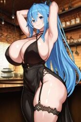ai_generated armpits blue_eyes blue_hair breasts breasts_bigger_than_head cleavage female female_only hands_behind_head huge_breasts huge_thighs looking_at_viewer pelvic_line ponytail slim_waist snapperai thick_thighs thighs voluptuous voluptuous_body voluptuous_female wide_hips