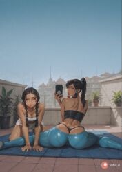 2girls ai_generated aisinful ass back barefoot big_ass big_boobs big_butt bikini black_hair blue_eyes blush braid breasts brick_wall butt butt_crack cellphone dark-skinned_female dark_skin dimples_of_venus female g-string hi_res katara korra large_breasts lips long_hair looking_back map medium_breasts multiple_girls palm_tree phone plant potted_plant sitting swimsuit the_legend_of_korra thick_thighs thighs thong tile_floor wide_hips