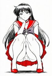 1girl ai_generated aquaberrymarine bishoujo_senshi_sailor_moon black_eyes black_hair bow choker collarbone earrings elbow_gloves gloves high_heels highres hino_rei jewelry knees long_hair looking_at_viewer monochrome panties red_choker red_sailor_collar red_skirt sailor_collar sailor_mars shadow short_sleeves simple_background single_earring skirt solo squatting star_(symbol) star_earrings underwear white_background
