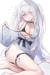 1girl ame_usari bikini bikini_bottom bikini_pull bikini_top blush bow_panties breast_press breasts choker clothed ghost_costume gray_hair hair_ornament highres hugging_pillow japanese_clothes kimono large_breasts leaning_to_the_side long_hair long_sleeves micro_bikini open_clothes open_kimono open_yukata original sitting straight_hair tenkan thigh_strap tied_hair triangular_headpiece twintails yukata