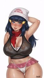 1girl anime_style armpits artist:lollololli bangs bare_arms bare_midriff bare_shoulders beanie best_quality blue_eyes blue_hair blush breast_spillage cel_shading censored cleavage clothes cowboy_shot curvy dark_hair dawn_(pokemon) deep_cleavage detailed_eyes detailed_face digital_art fishnet fishnet_top flushed front_view gigantic_breasts hair_ornament hand_behind_head hat heavy_breasts hourglass_figure huge_breasts long_hair looking_at_viewer masterpiece mature_female mesh mesh_top miniskirt navel oily_skin partially_undressed pink_skirt playful_expression pokemon posing red_scarf revealing_clothes ruffled_skirt scarf see-through sheer_clothes shiny_skin sideboob simple_background skimpy_clothes skirt smirk soft_shading solo specular_highlights standing stomach sweaty tan thick_thighs thong tongue tongue_out underboob underwear voluptuous water_drops wet_skin white_background white_thong wide_hips